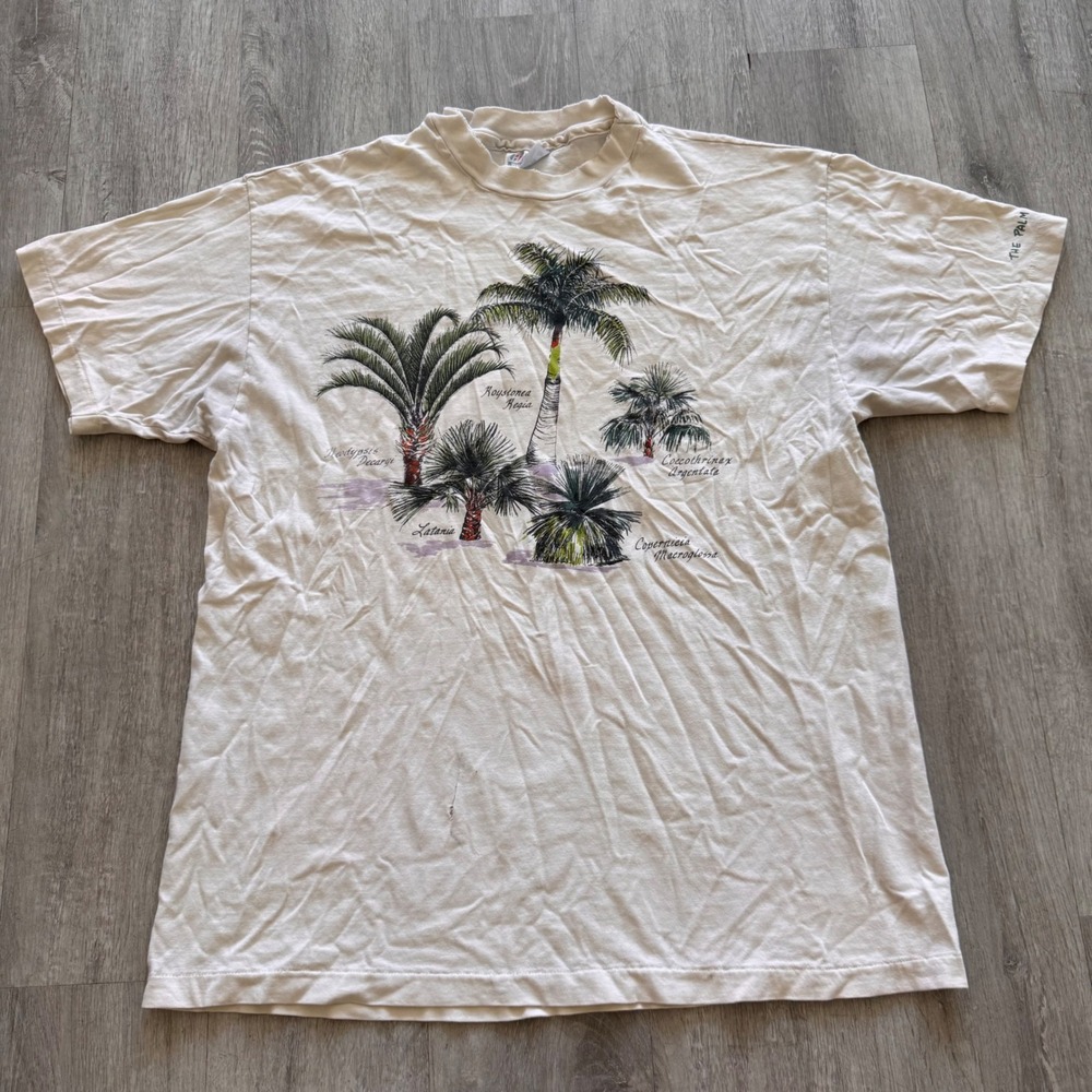 Vintage Hanes Beefy-T The Palm Society Botanical Graphic T-Shirt Beige Large
